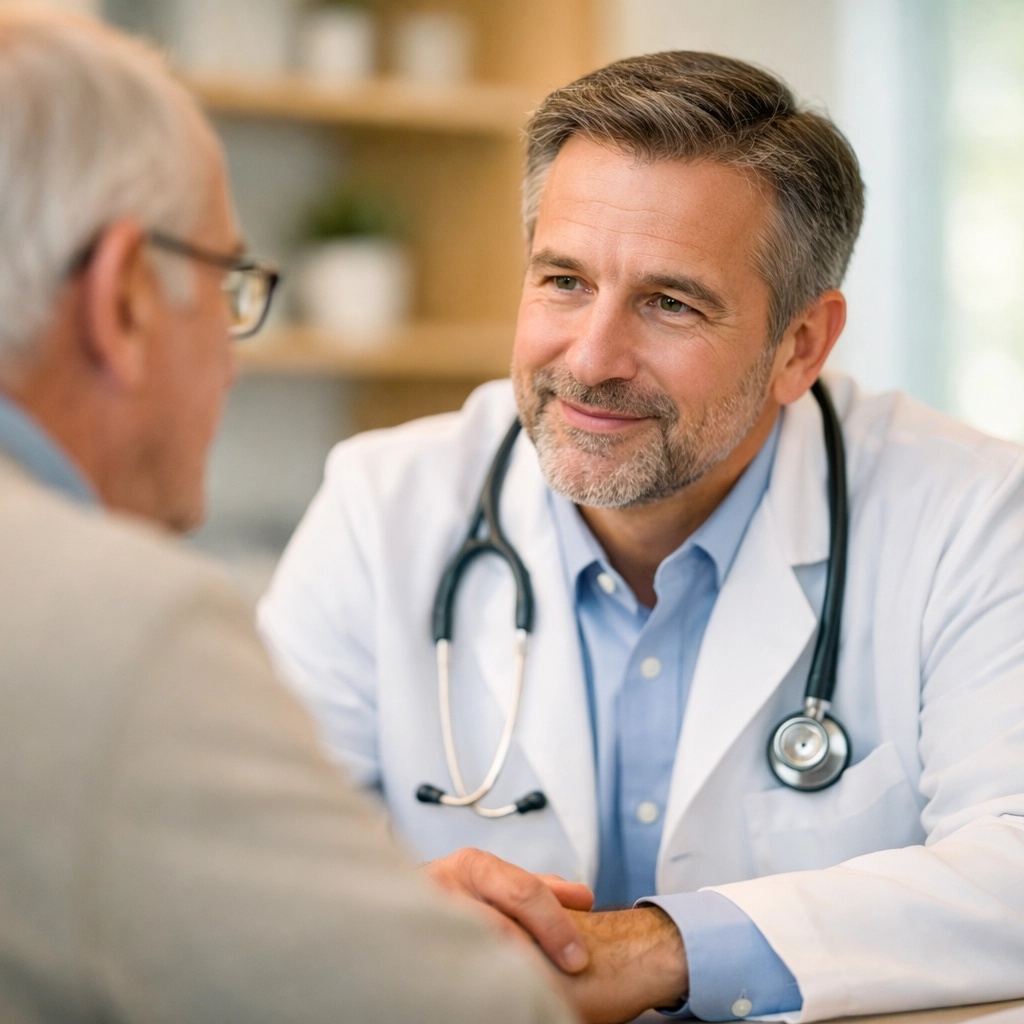 An older patient receiving a medical evaluation and fall risk assessment from a healthcare professional.