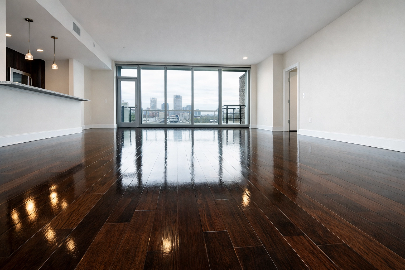 Empty Indianapolis apartment living room featuring polished hardwood floors and natural window lighting.