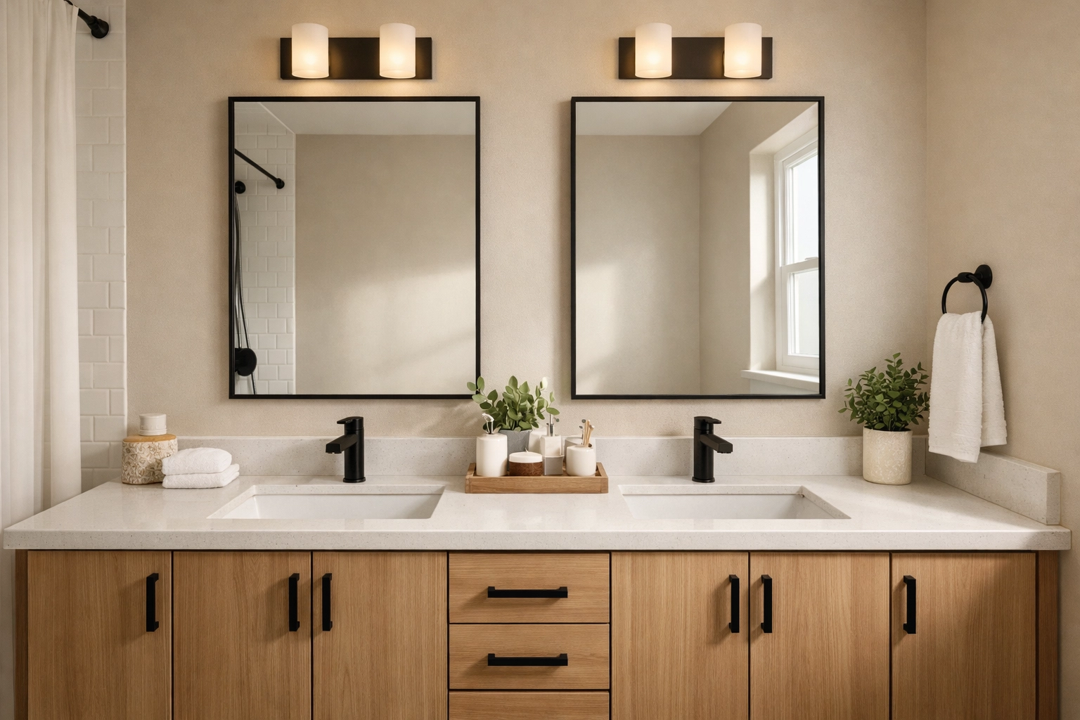 Modern bathroom remodeling in Orlando featuring a sleek double vanity and quartz countertops.