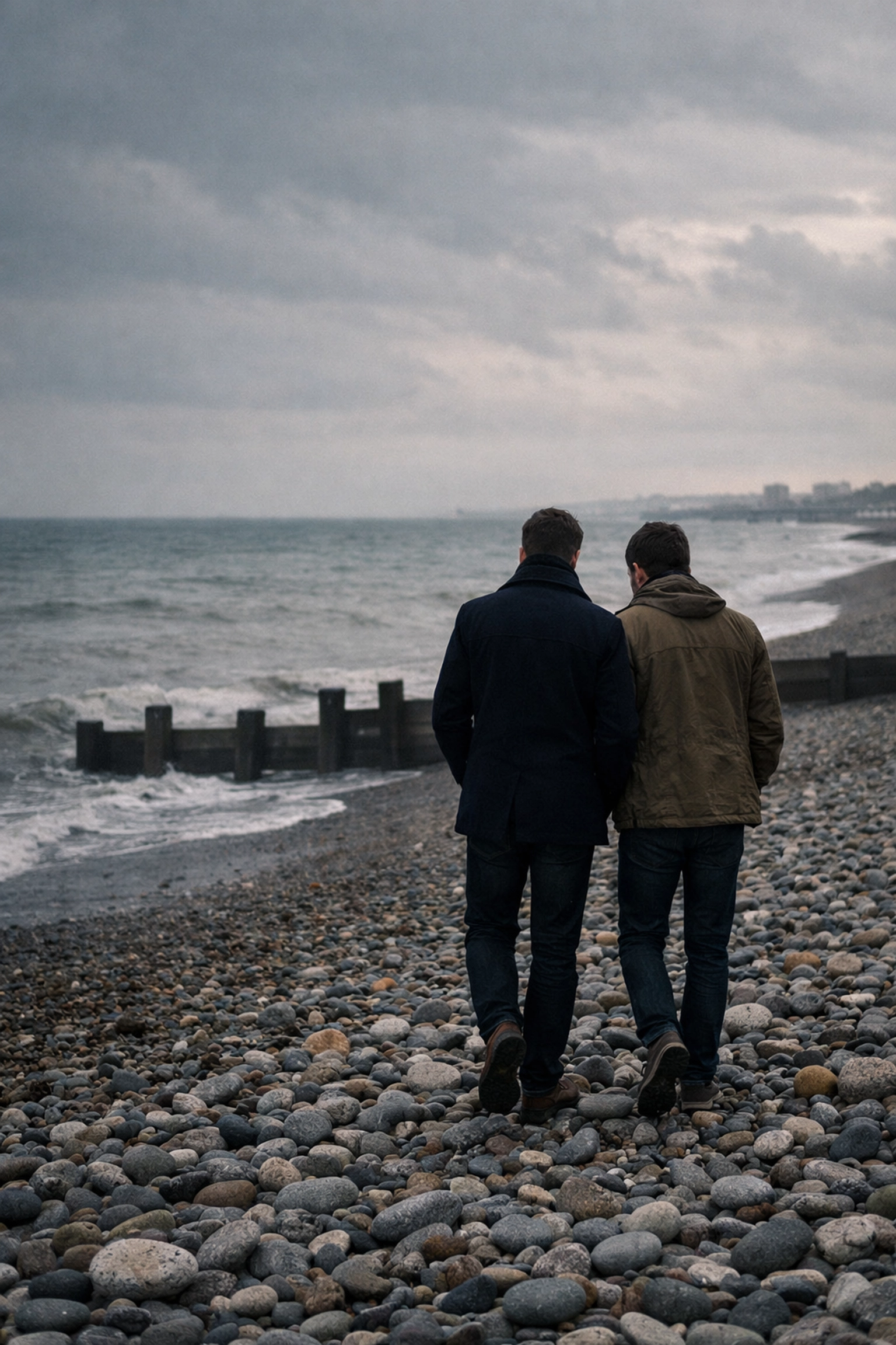 Two men walking together on Black Rock pebble beach in Brighton, gay travel destination