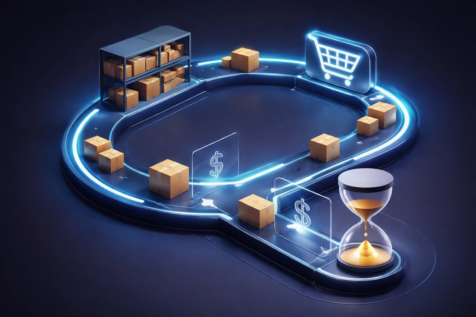 Illustration of the e-commerce cashflow cycle with shipping boxes, inventory shelves, and delayed Amazon FBA payments.