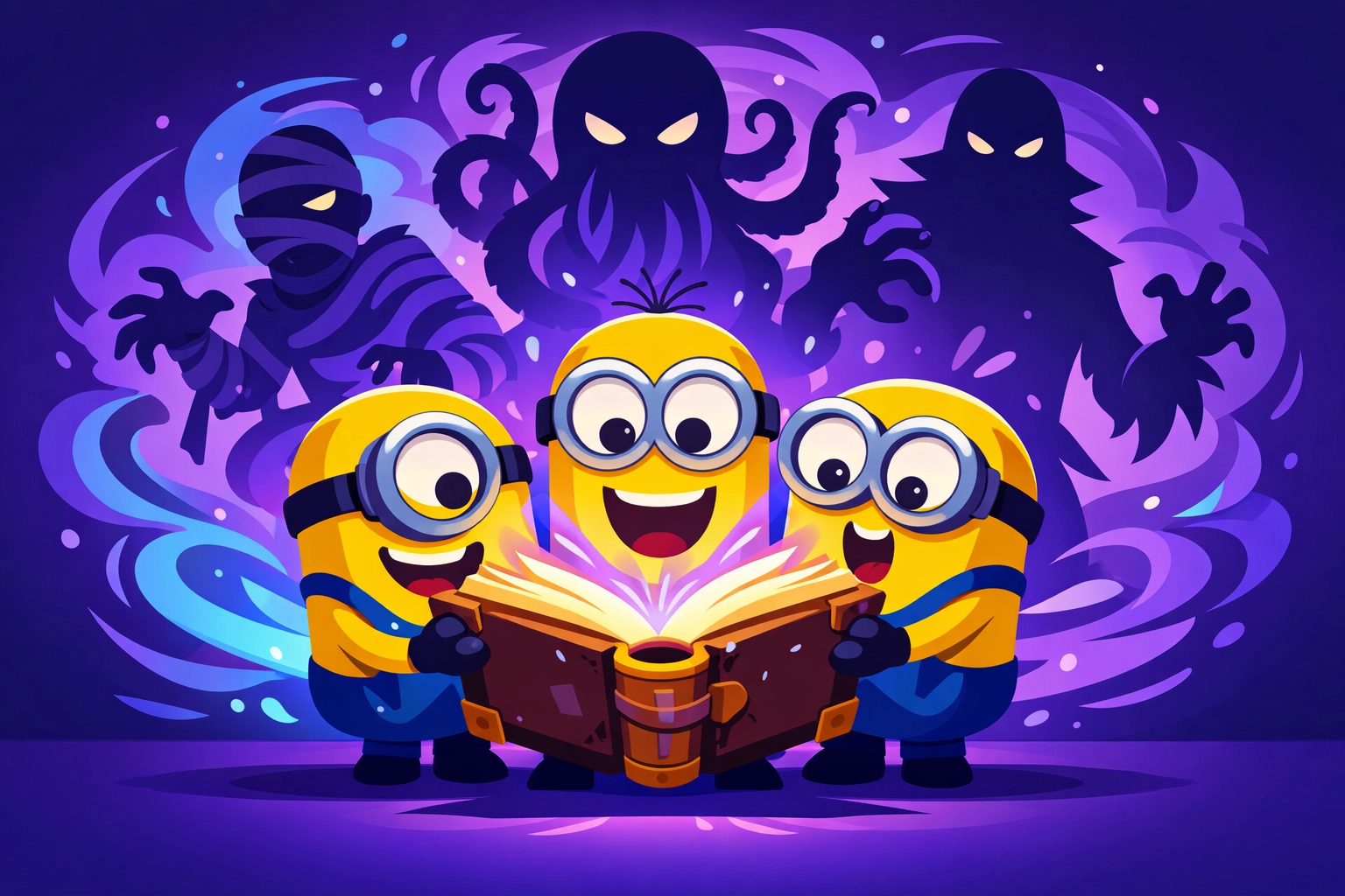 Minions with ancient spellbook summoning monsters in Minions & Monsters 2026 movie
