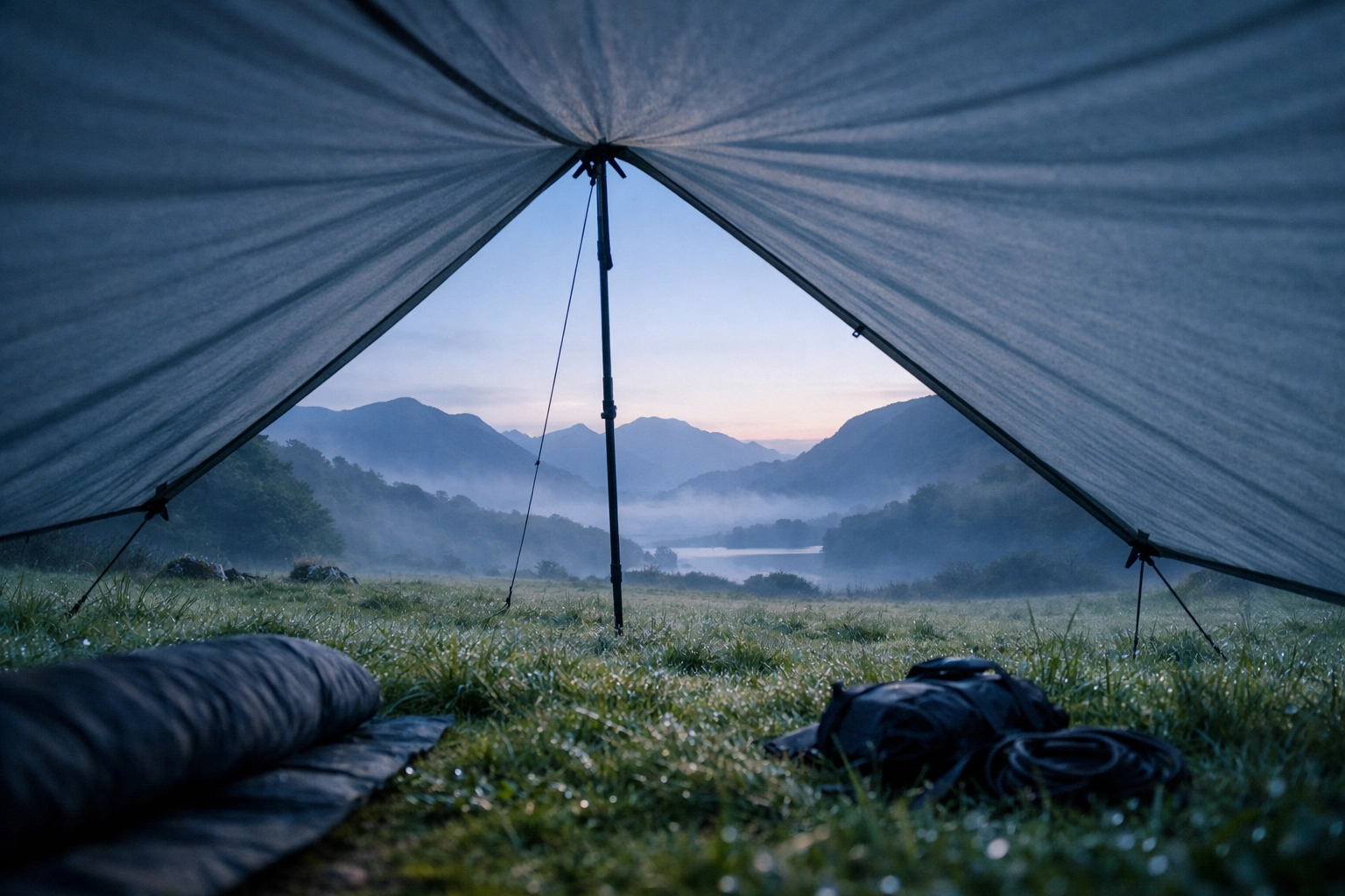 A-frame tarp pitch with ventilation for a wild camping guided UK trip in the Lake District.