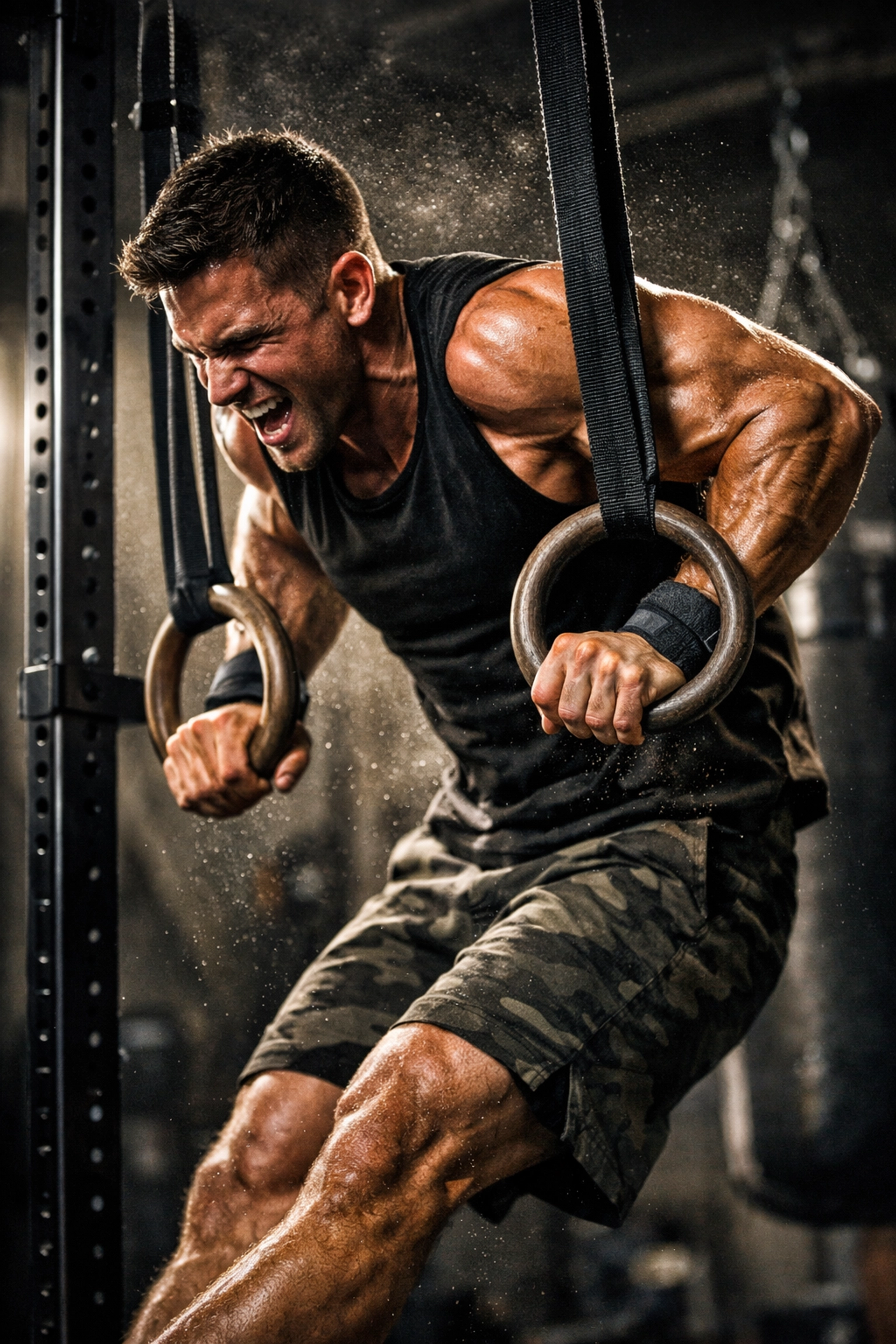 Calisthenics equipment for home showing an athlete using rings for bodyweight training at home.
