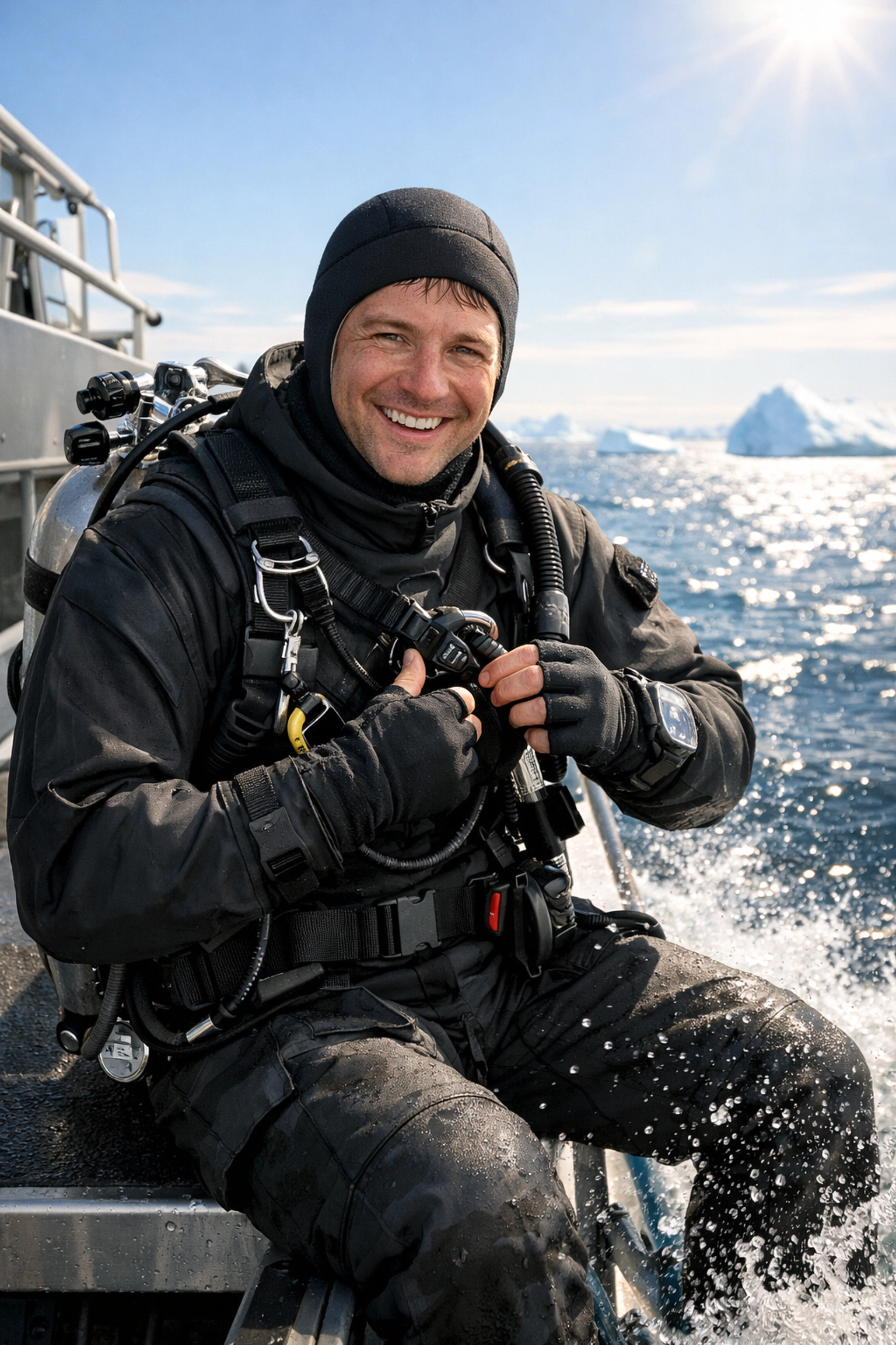 An expert diver in dry suit gear prepares for a cold-water dive on a luxury Arctic travel vessel.