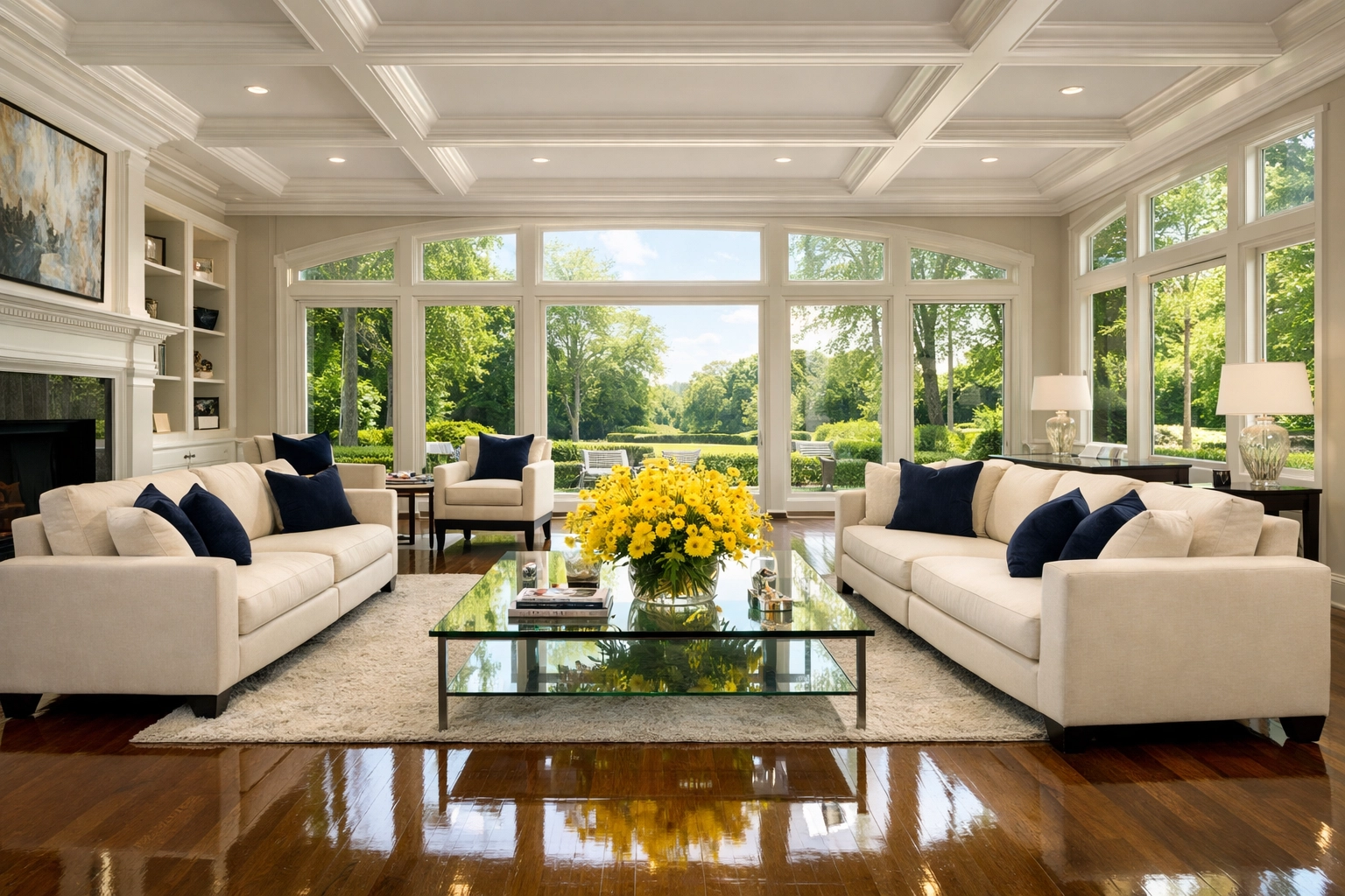 Spacious luxury living room with polished floors from elite residential cleaning Massachusetts services.