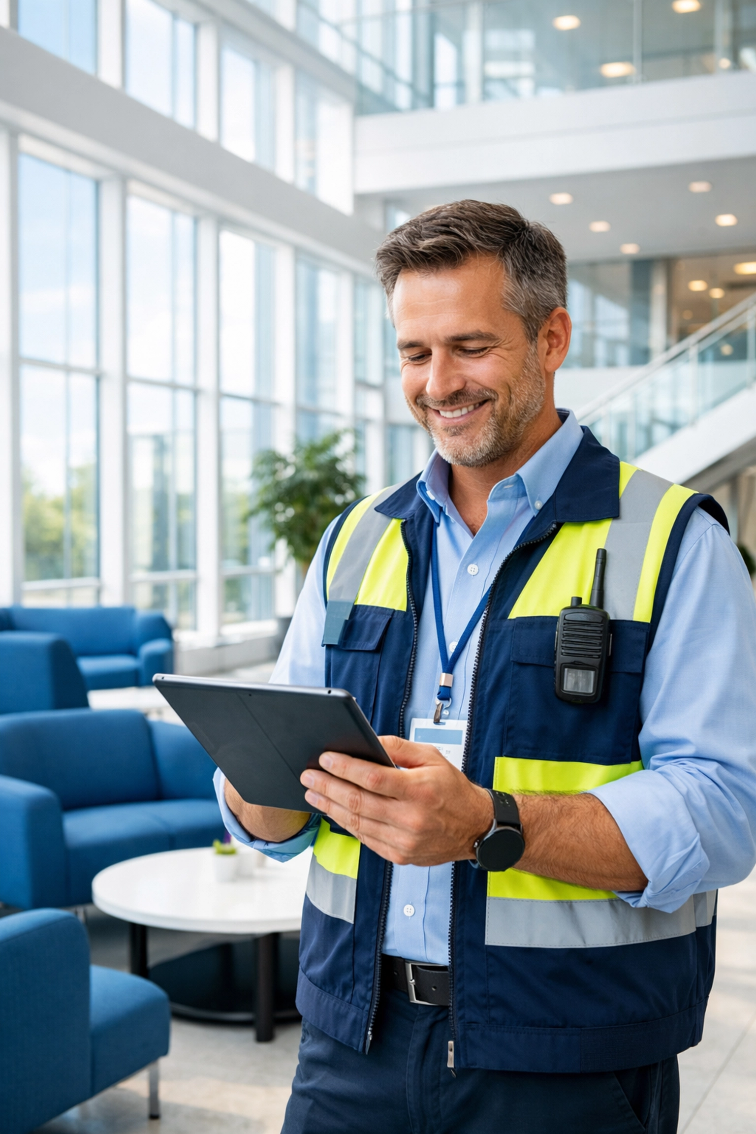 Facilities manager managing office maintenance and communication on a digital tablet.