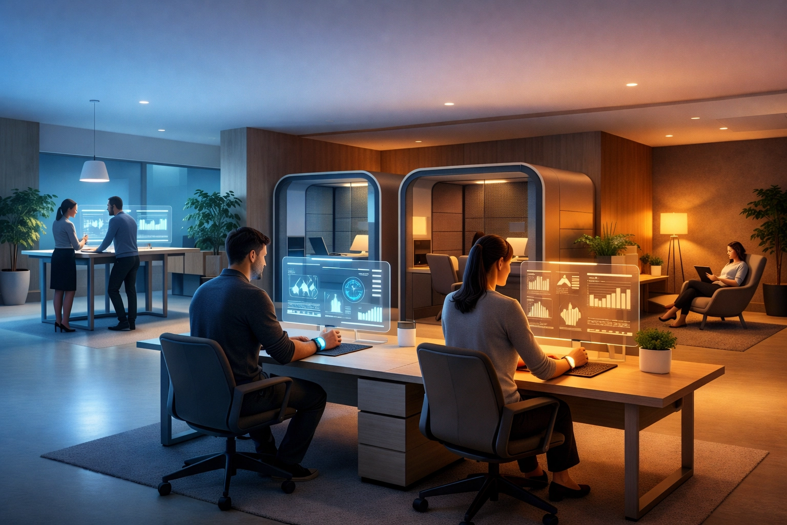Smart office environment with AI-controlled lighting zones and adaptive workspaces for sensory needs