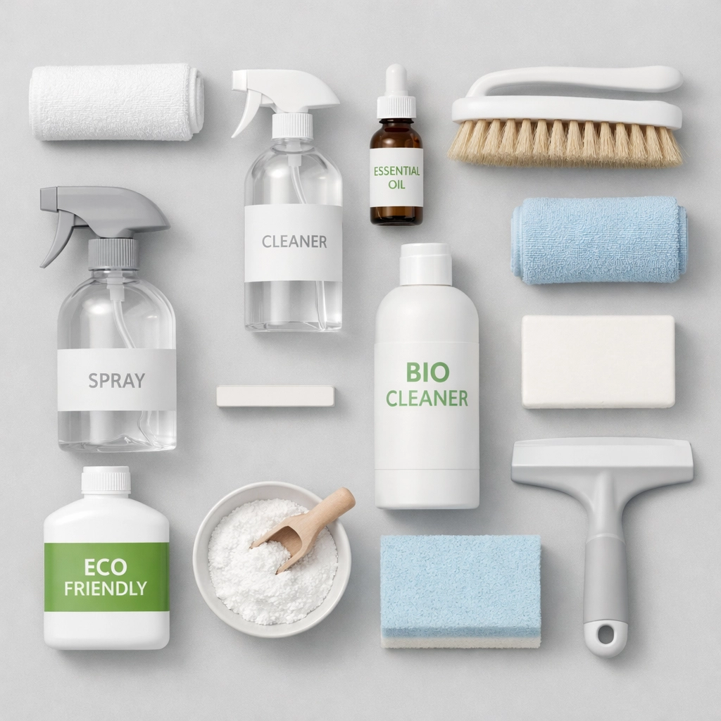 Organized professional cleaning supplies and tools for apartment turnover services