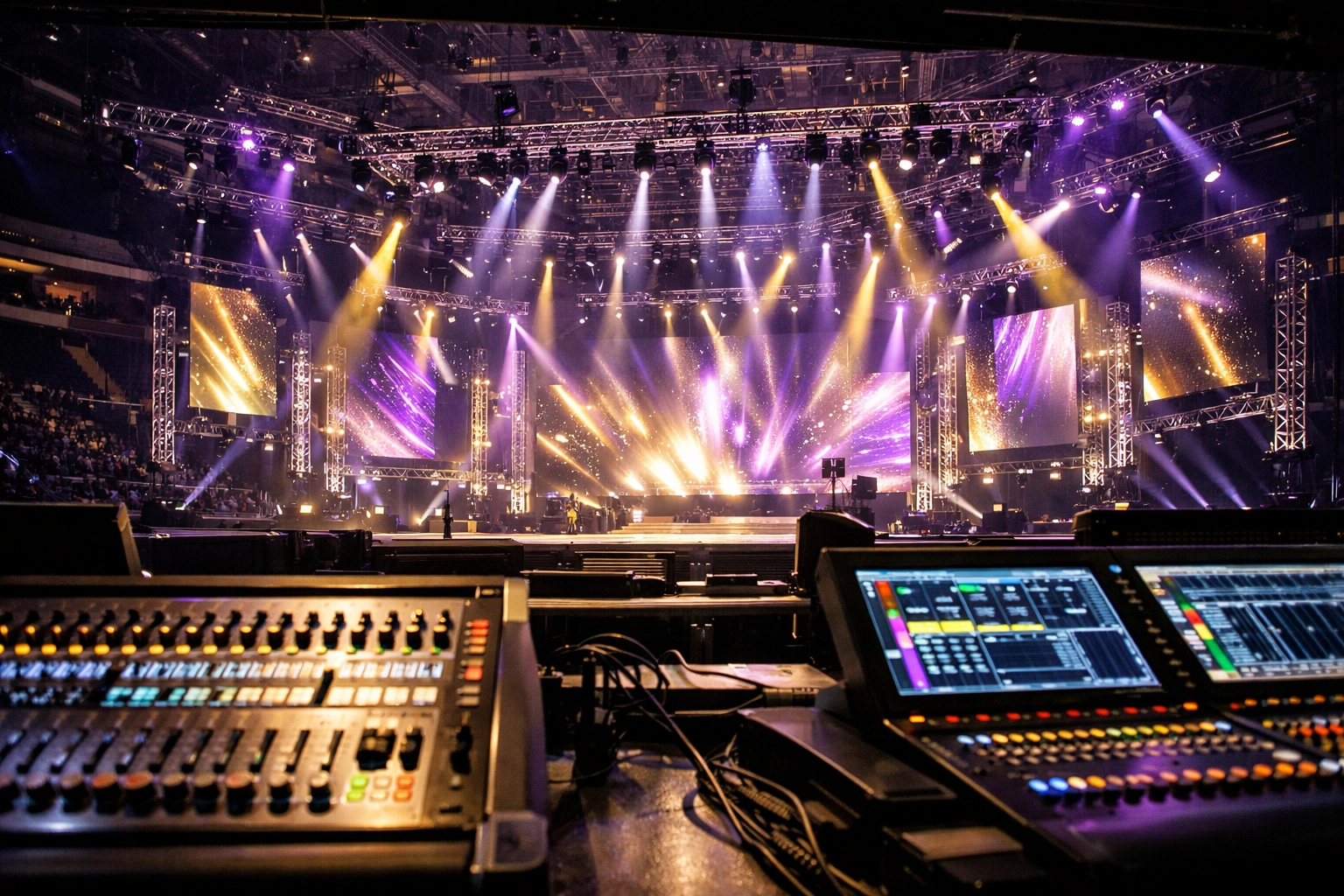 Professional soundboard and lighting console overlooking a large-scale event stage produced by Dakdan Worldwide.