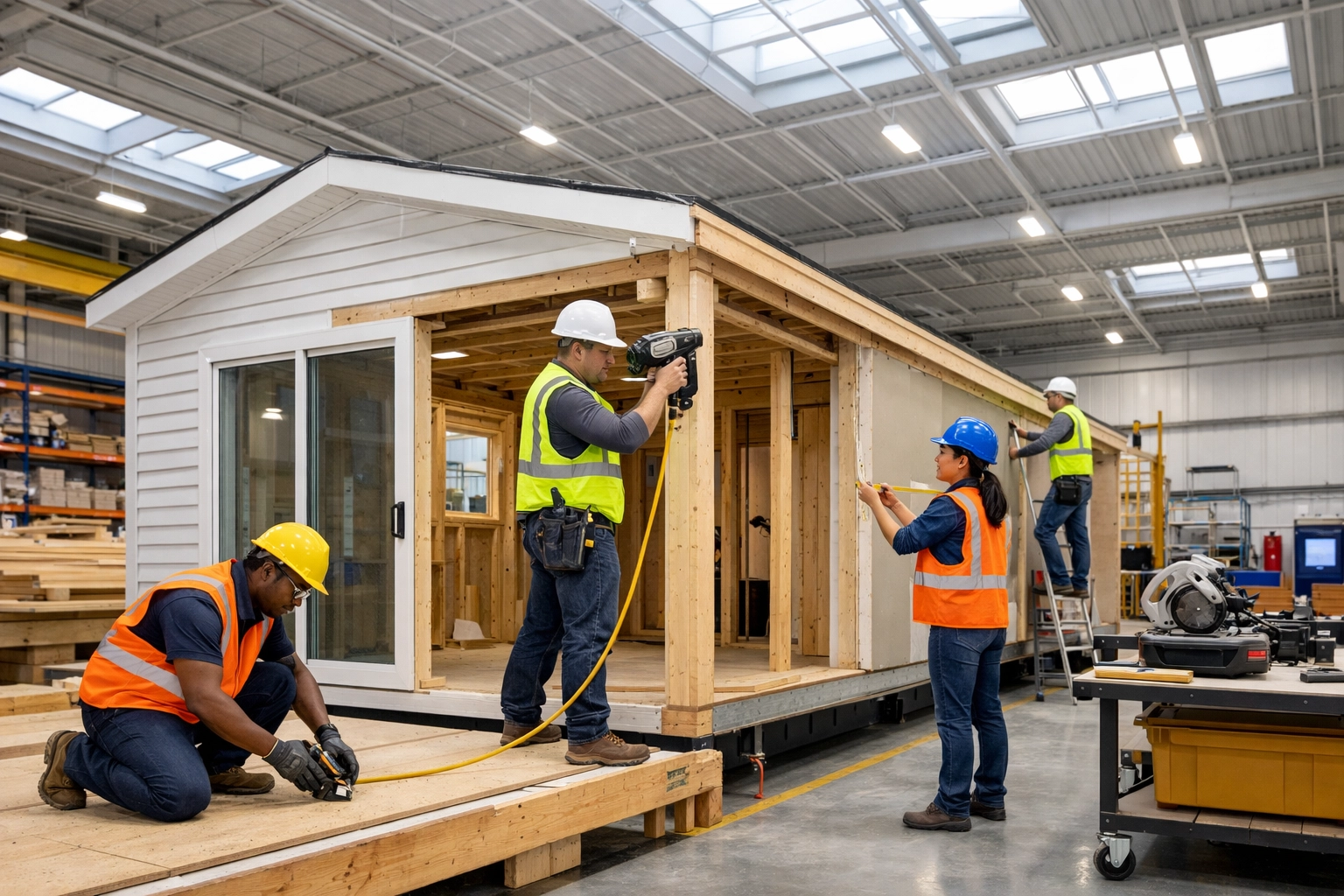 Skilled workers assembling a high-quality manufactured home inside a clean, modern Texas factory facility.