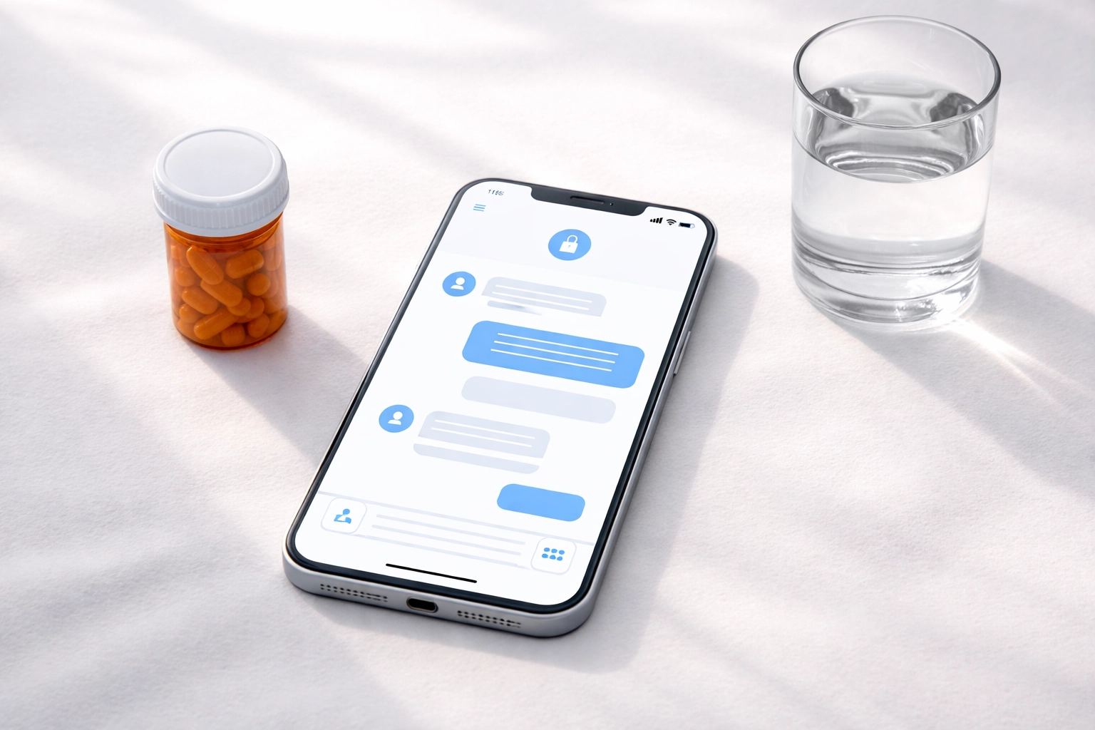 Smartphone showing secure medical chat and UTI prescription with pill bottle, illustrating fast online UTI antibiotics access