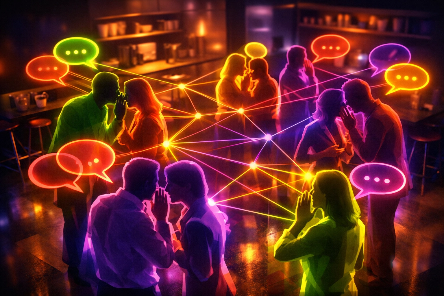 Coworkers gossiping in office break room with rumors spreading quickly