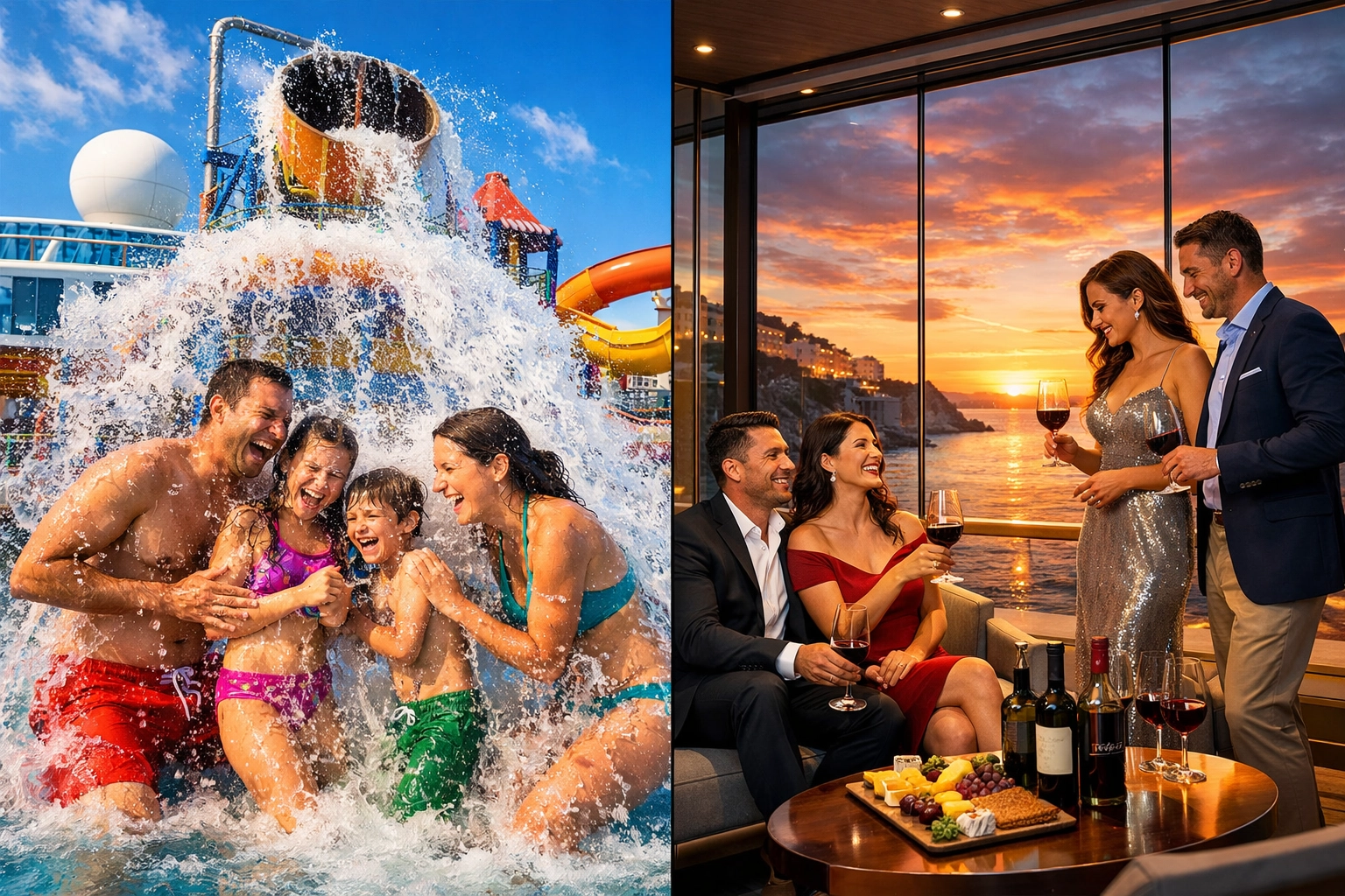 Split image of family waterpark fun and luxury wine tasting included in group cruise packages.