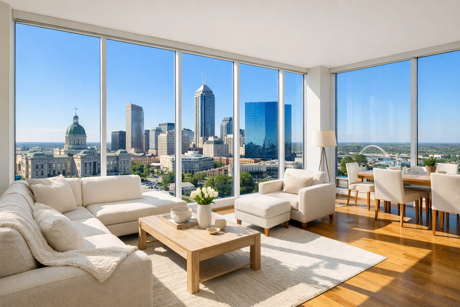 Sunlit Indianapolis apartment with clear windows and clean floors after a professional seasonal deep clean.