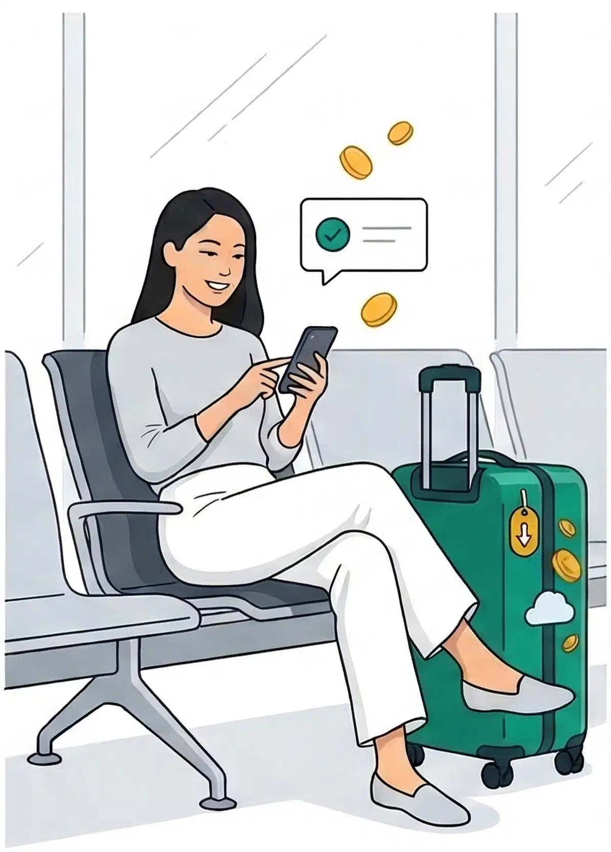 Happy traveler at airport with gold coins