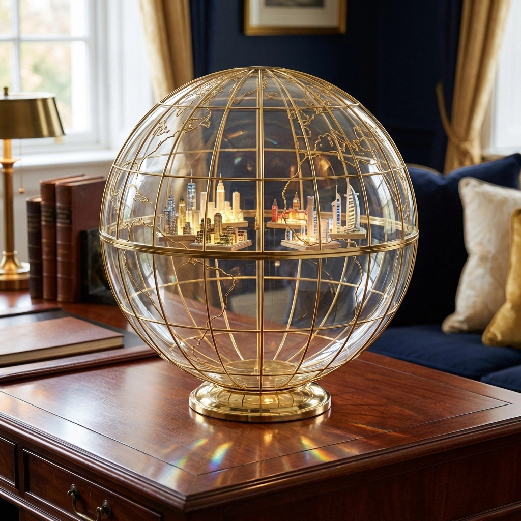 Glass world globe with city skylines illustrating global diversification in private equity and real asset investments