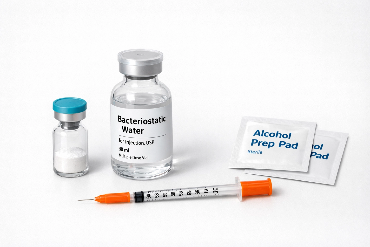 Research peptide reconstitution kit with bacteriostatic water, syringe, and vial on a sterile surface.
