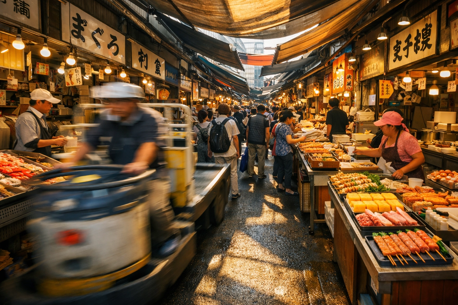 Busy alleyway scene at Tsukiji Outer Market featuring street vendors and food photography opportunities.