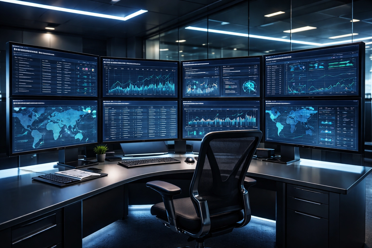 Modern security operations center with data dashboards, showing compliance and transaction monitoring for high-risk merchants