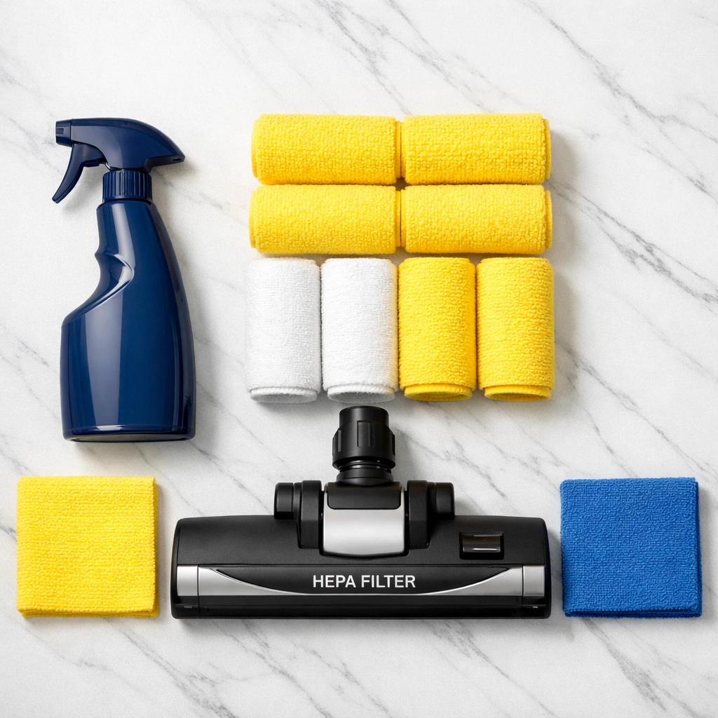 Eco-friendly supplies for professional residential cleaning Massachusetts on a marble surface.