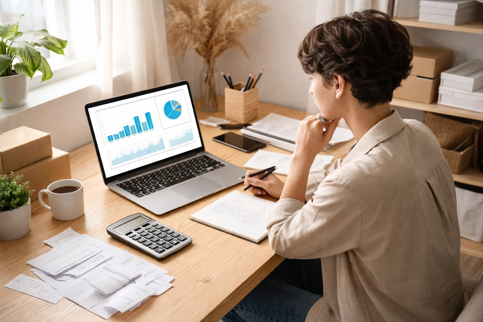 Small business owner reviews finances at desk for tax planning and S Corp decision-making.