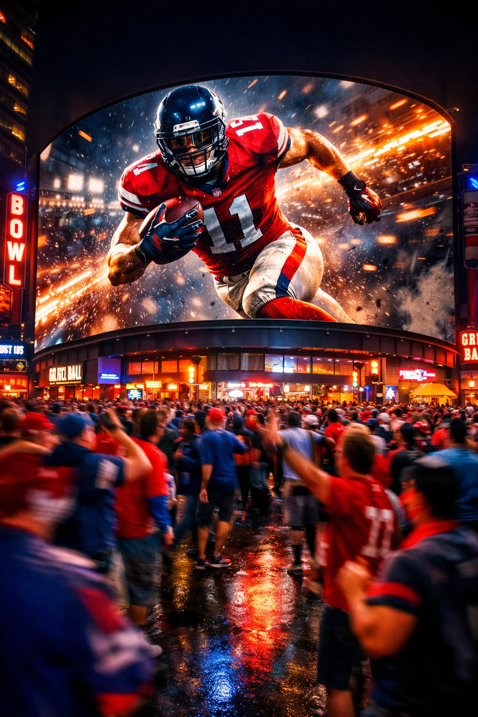 A digital billboard displaying athlete branding in a crowded urban sports fan zone.