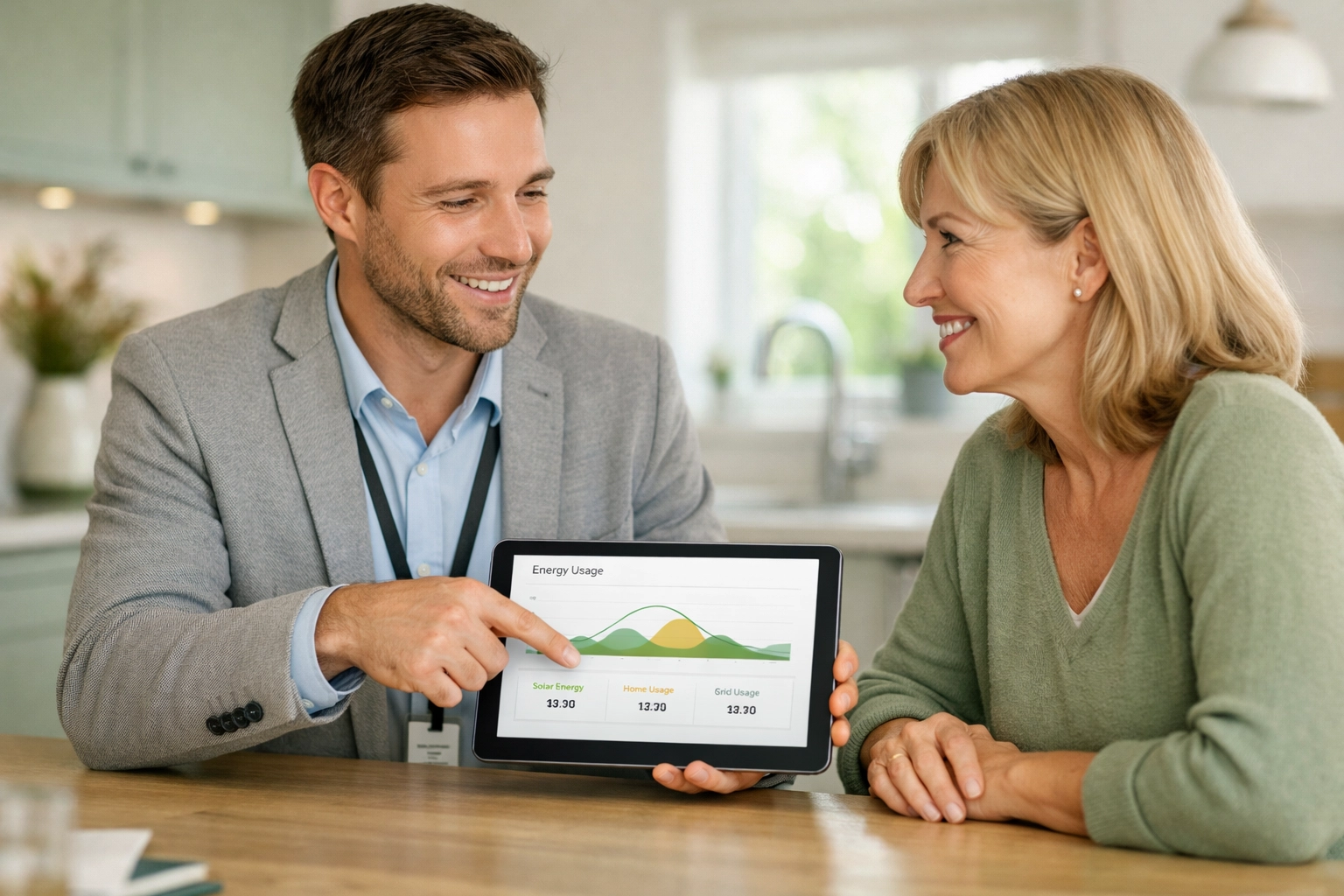 Expert renewable energy installer explaining solar power savings to a homeowner during a consultation.