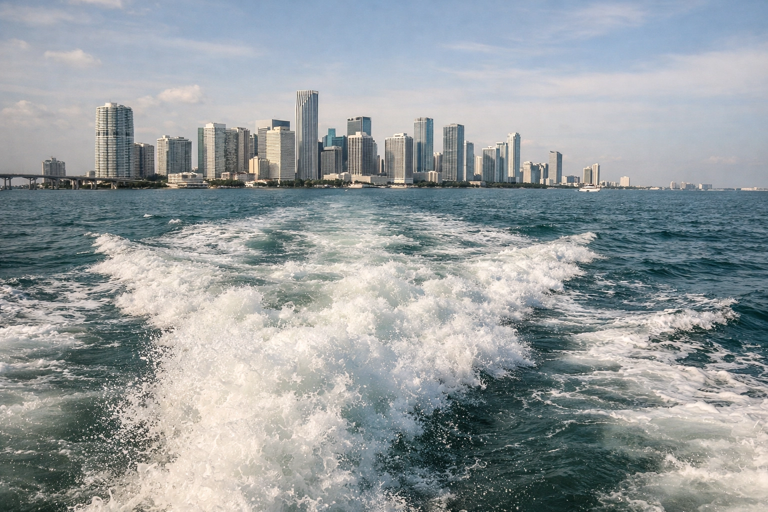 View of the Miami skyline from a speedboat tour, a top choice for fun things to do in Miami.