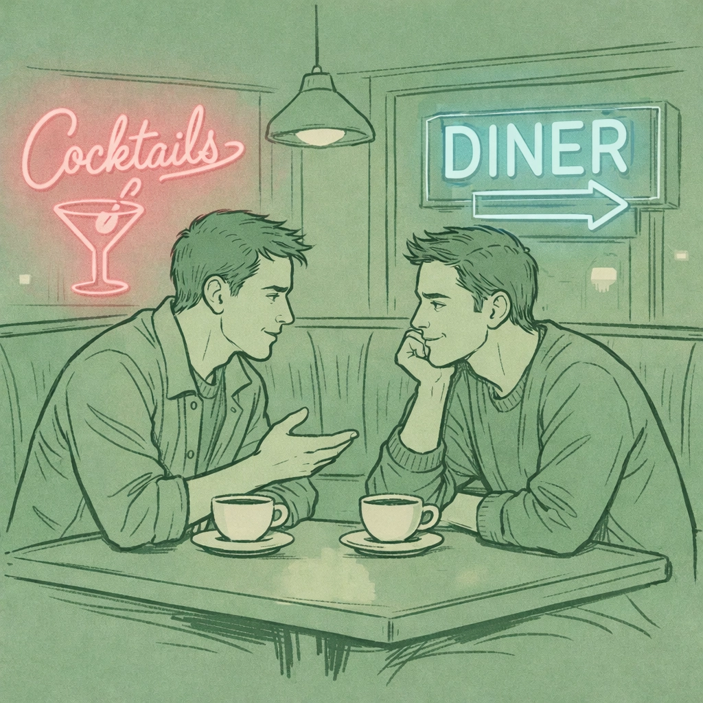 MM couple in deep conversation at retro cafe booth - emotional gay romance connection