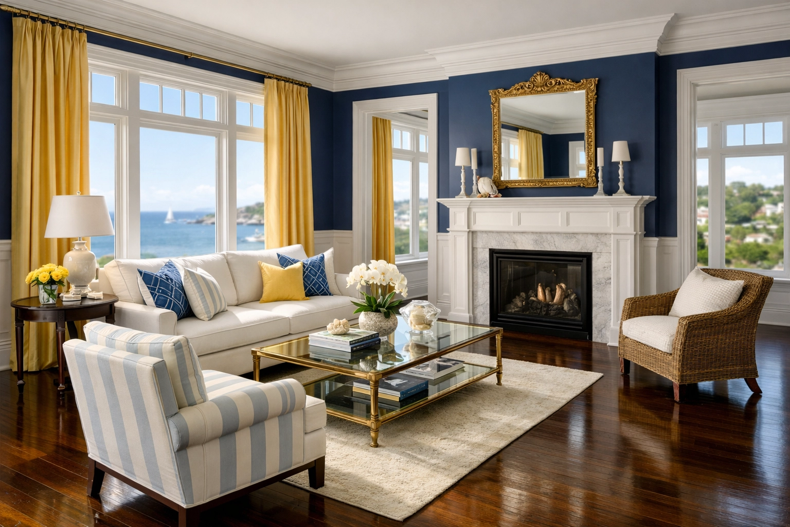 Pristine luxury living room in a Marblehead estate showcasing high-end results from a House Cleaning Service in Marblehead.