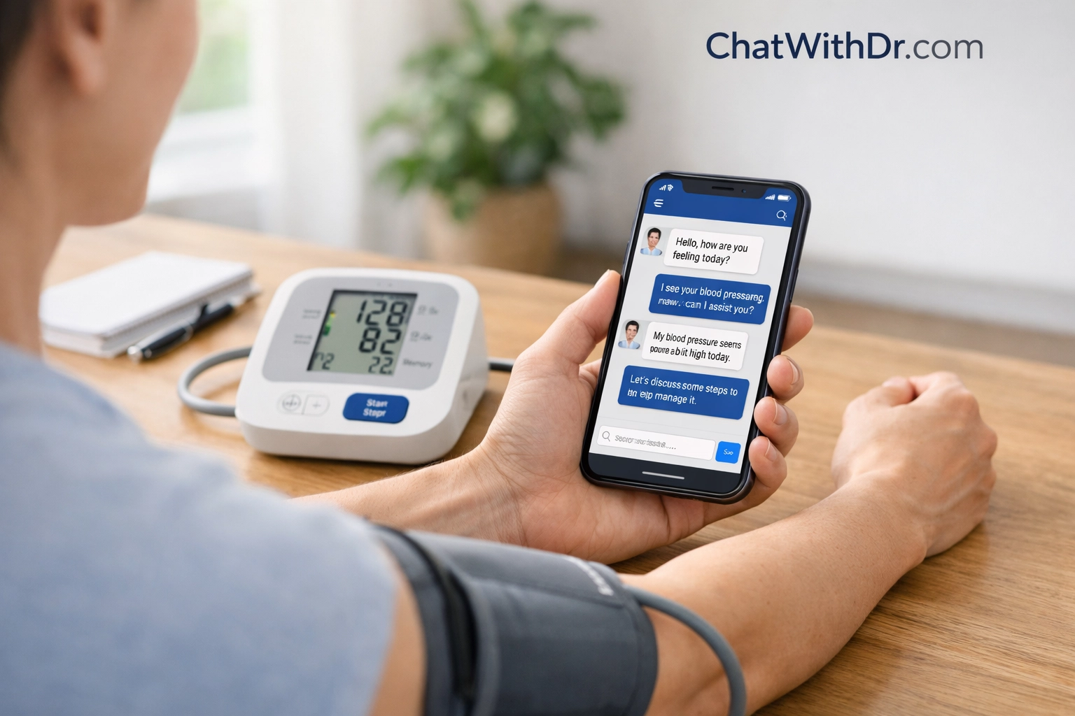 Person using a blood pressure monitor and smartphone to get prescription refills online from a high blood pressure doctor.