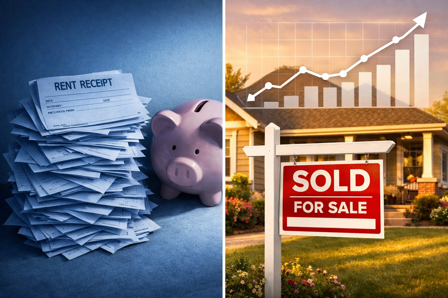 Renting vs buying wealth comparison showing rent payments versus home equity growth