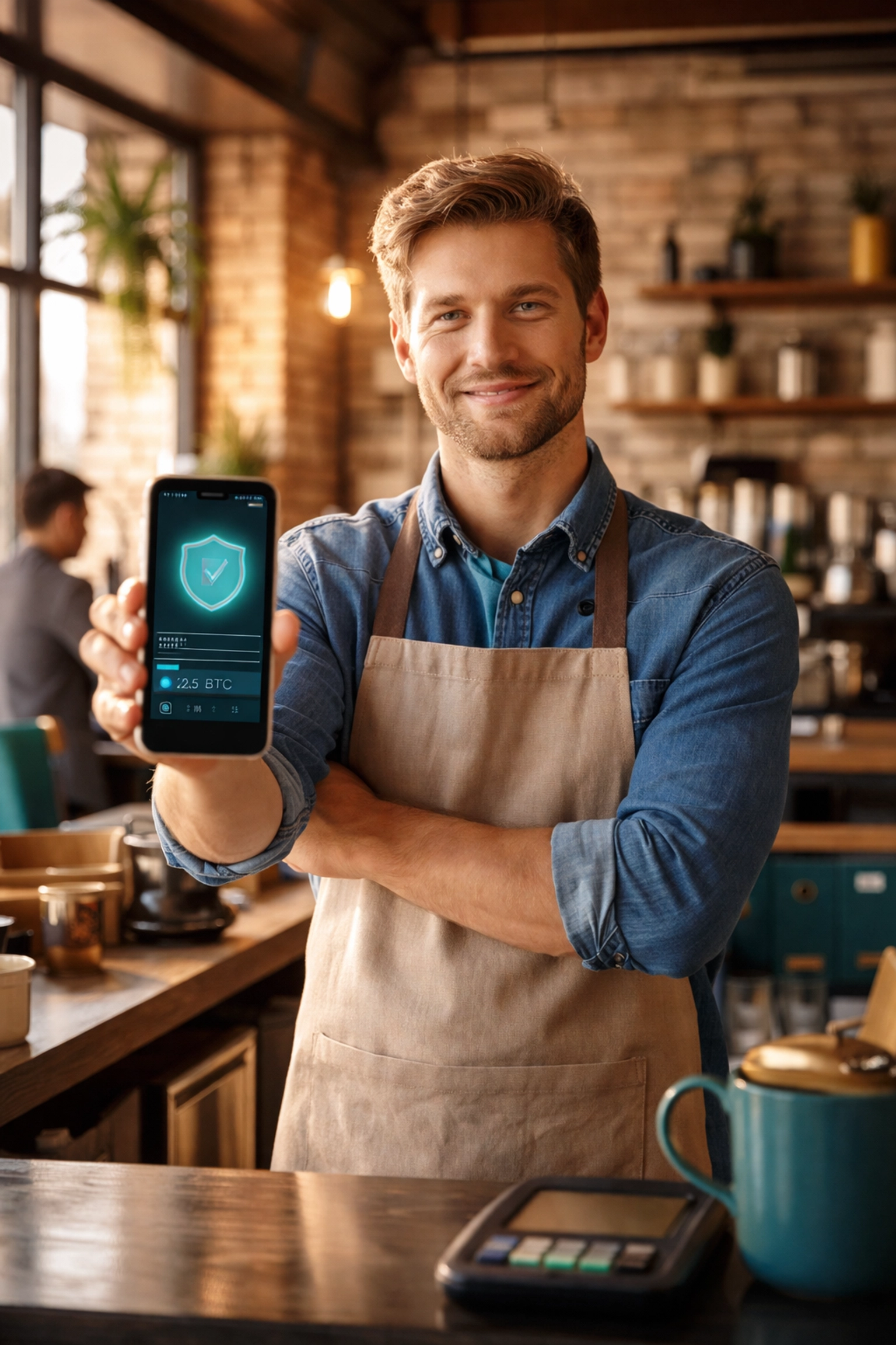 Cafe owner holding a smartphone with secure crypto wallet, showing Larecoin's self-custody and financial empowerment features