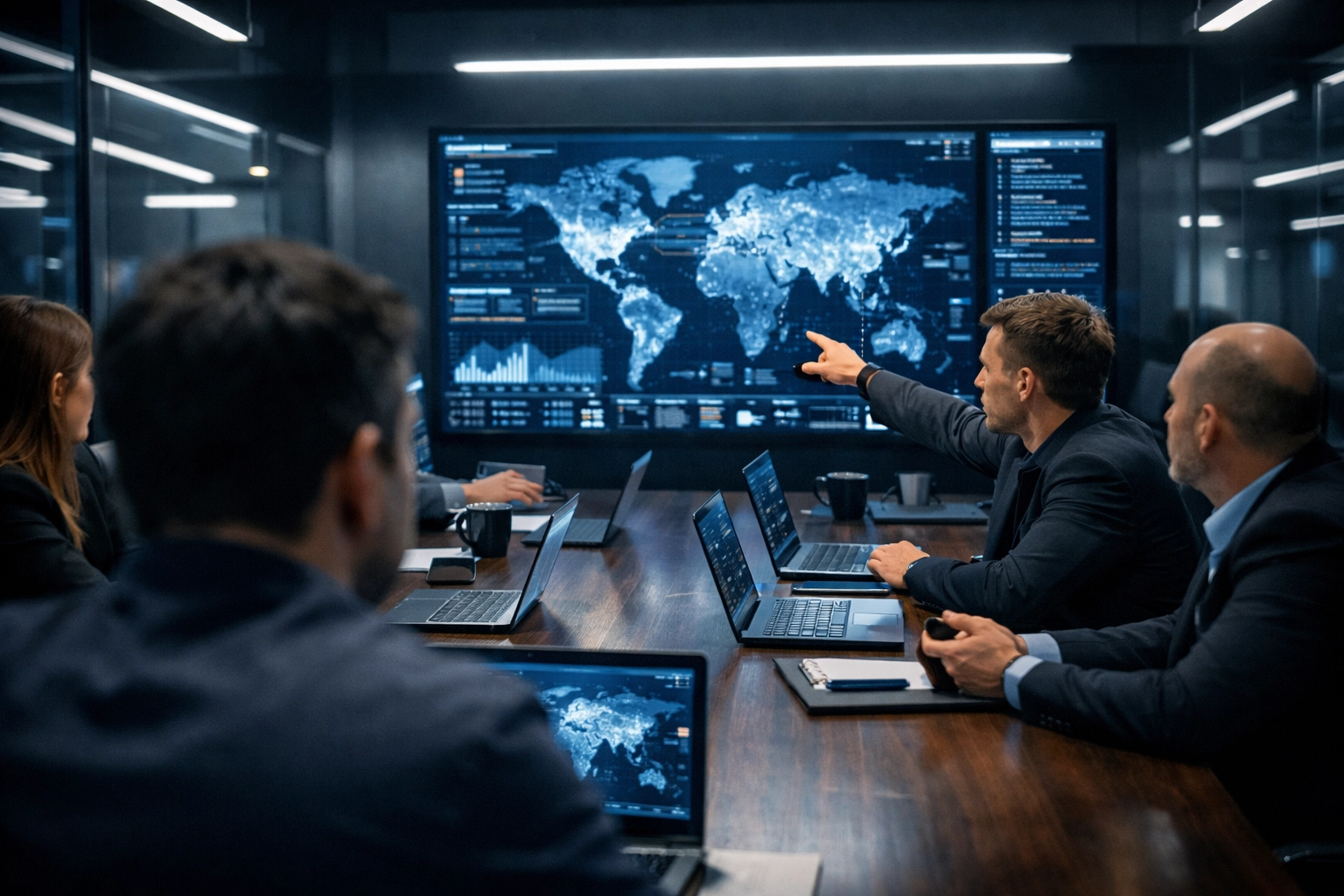 A strategic command center team analyzing real-time data and sports media advertising trends.