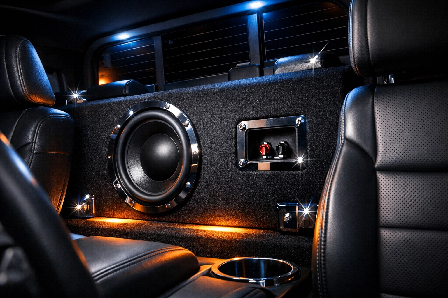 Custom subwoofer enclosure installed in truck cabin under seat