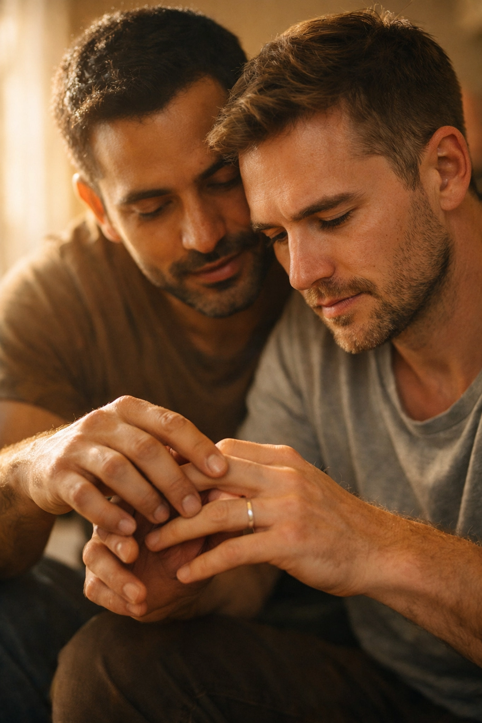 Two men demonstrating handler-pup trust through gentle guidance in LGBTQ+ puppy play culture