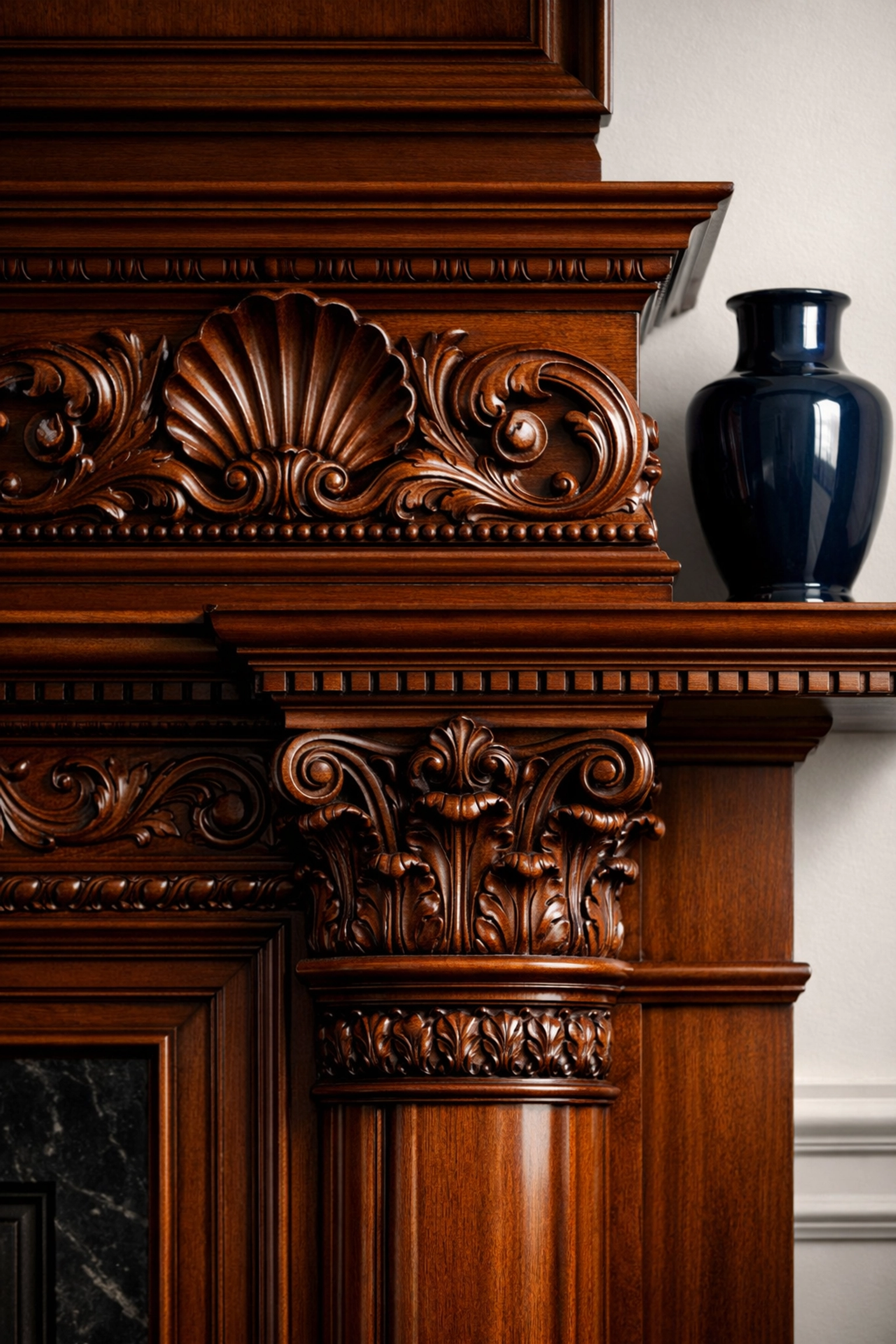 Dust-free hand-carved mahogany fireplace mantel in a historic Sudbury home after a deep cleaning.