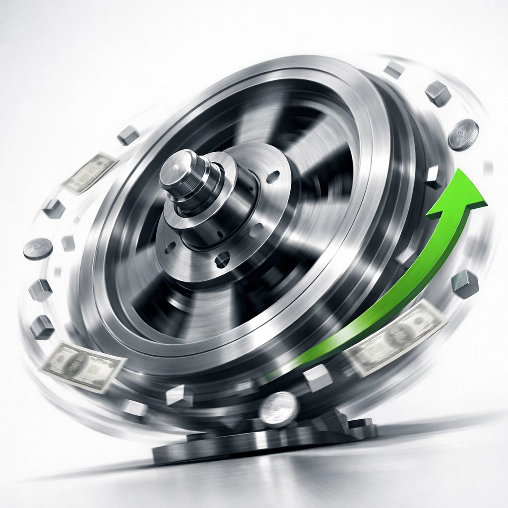 Flywheel building momentum symbolizing debt freedom and wealth acceleration