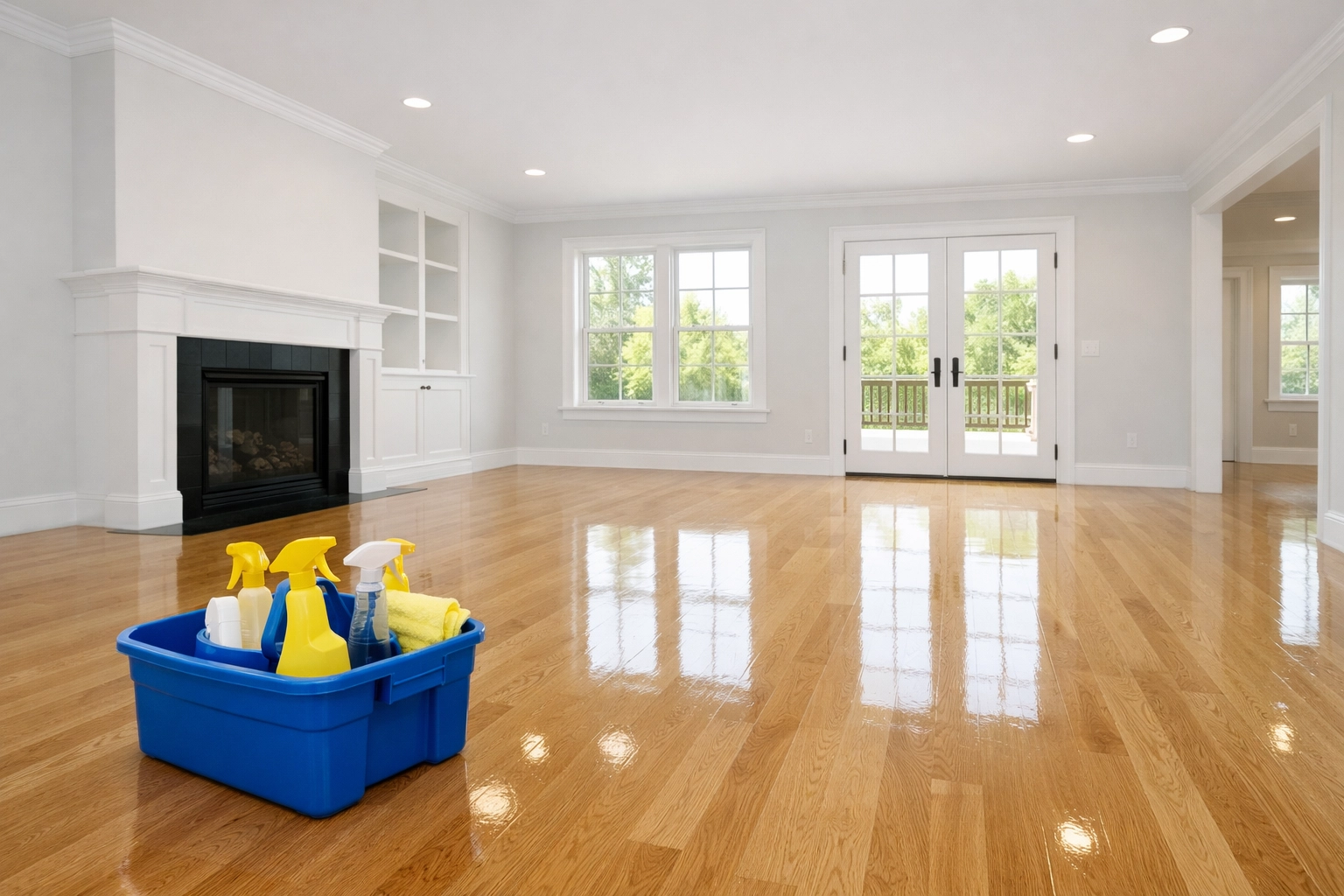 Immaculate hardwood floors after post-construction cleaning in a renovated Westborough living room.