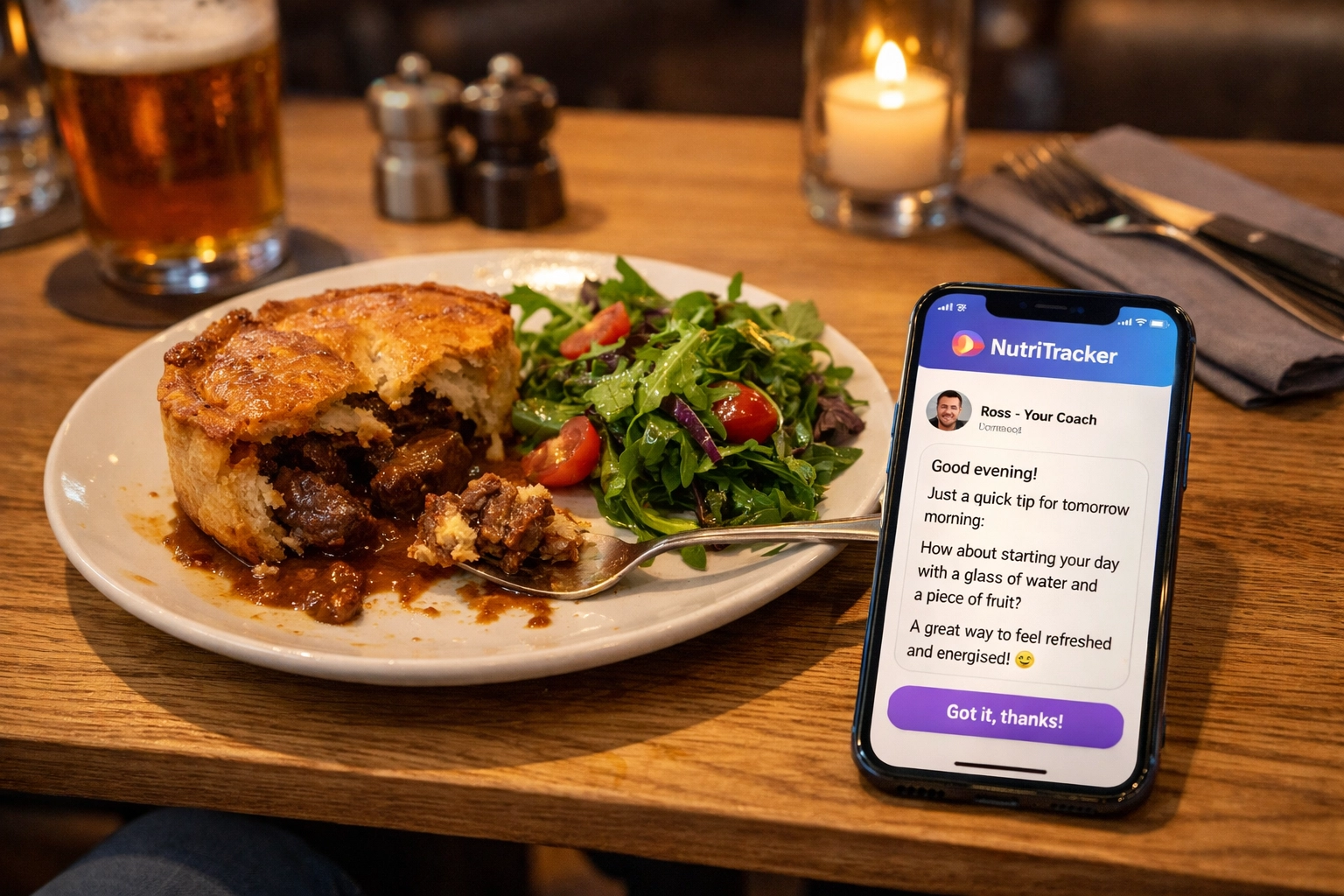 NutriTracker AI coach providing supportive nutritional guidance during a social gastropub meal.