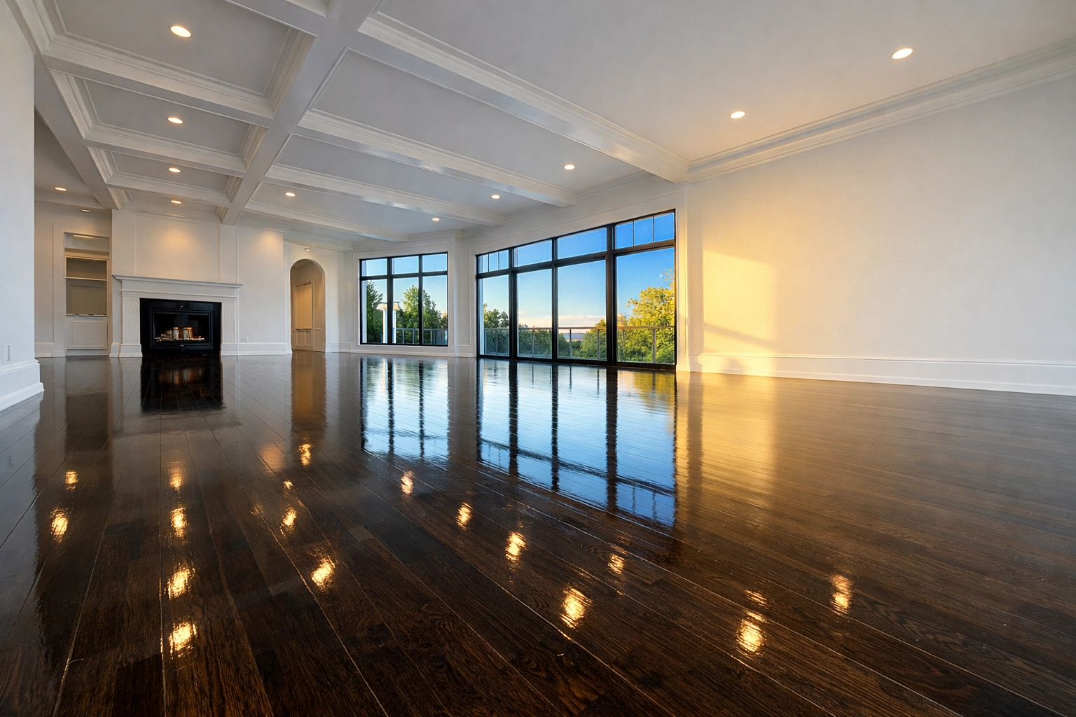 Pristine estate living room with gleaming hardwood floors following a professional Deep Cleaning Wellesley MA service.