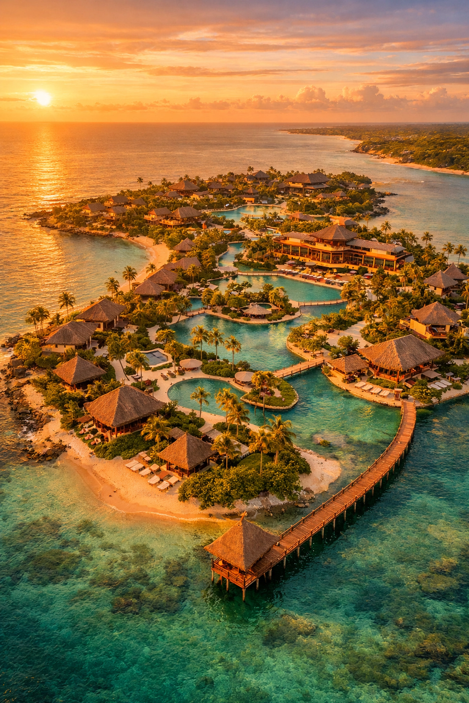Aerial view of a large all-inclusive resort complex with luxury villas and winding swimming pools.