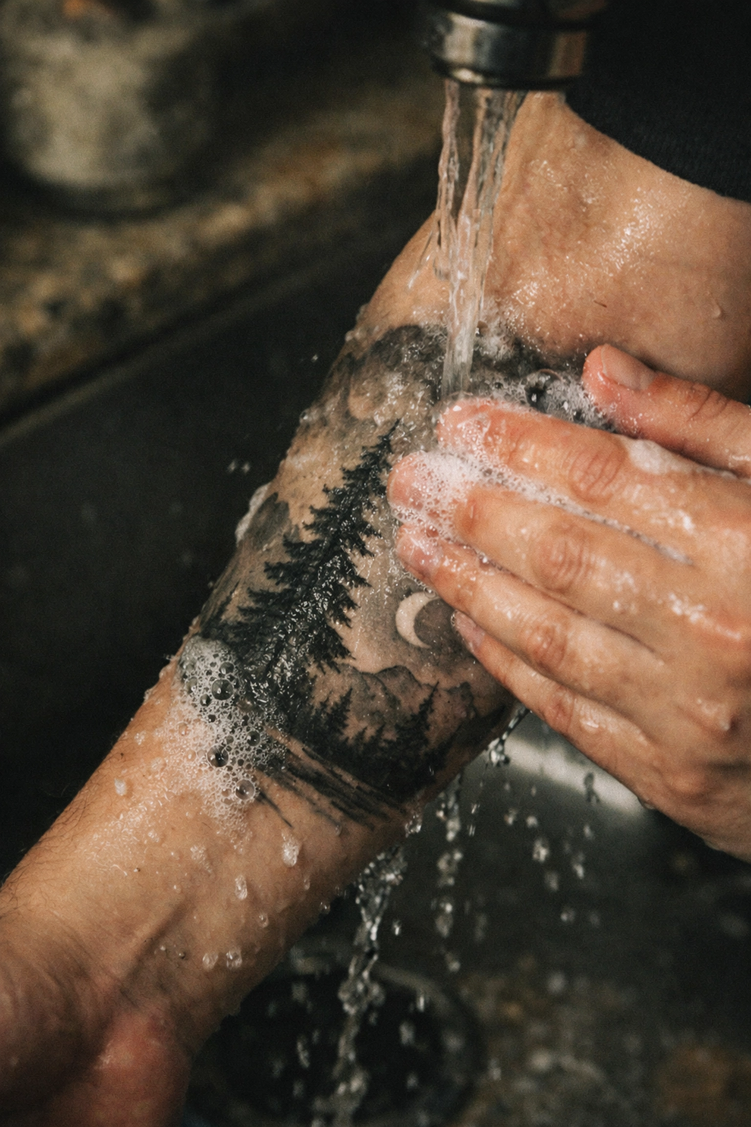 Following tattoo aftercare instructions by gently cleaning a new black and grey forearm tattoo.