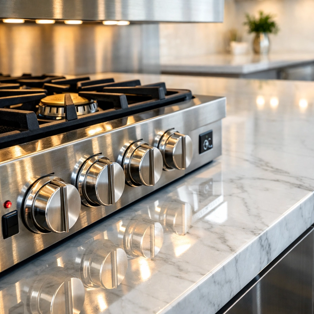 Pristine stainless steel kitchen appliances and marble countertops in a move-in ready unit.