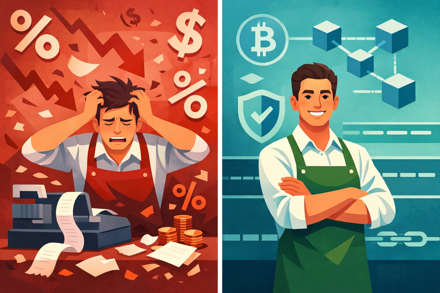 Merchant comparing percentage-based crypto fees versus gas-only blockchain payment savings