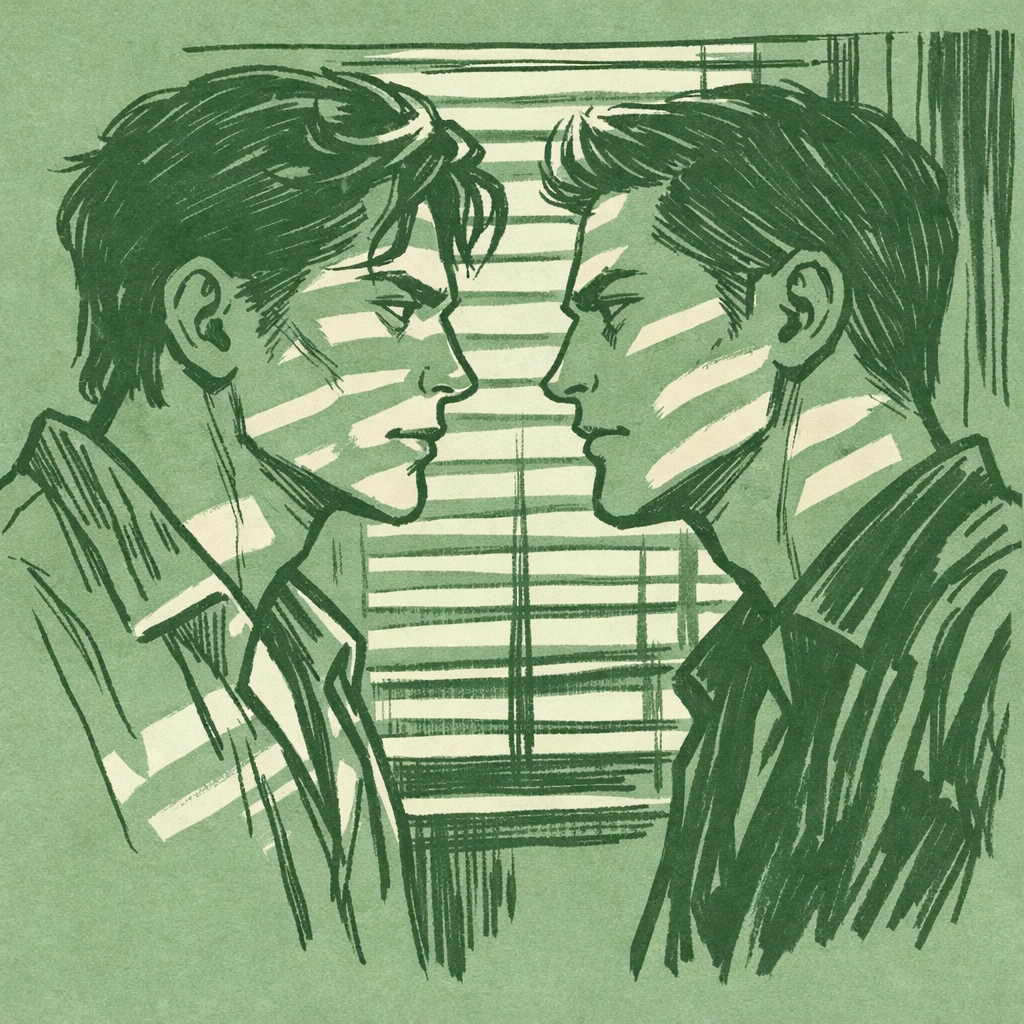 Two men in intense confrontation showing psychological tension in summer gay fiction