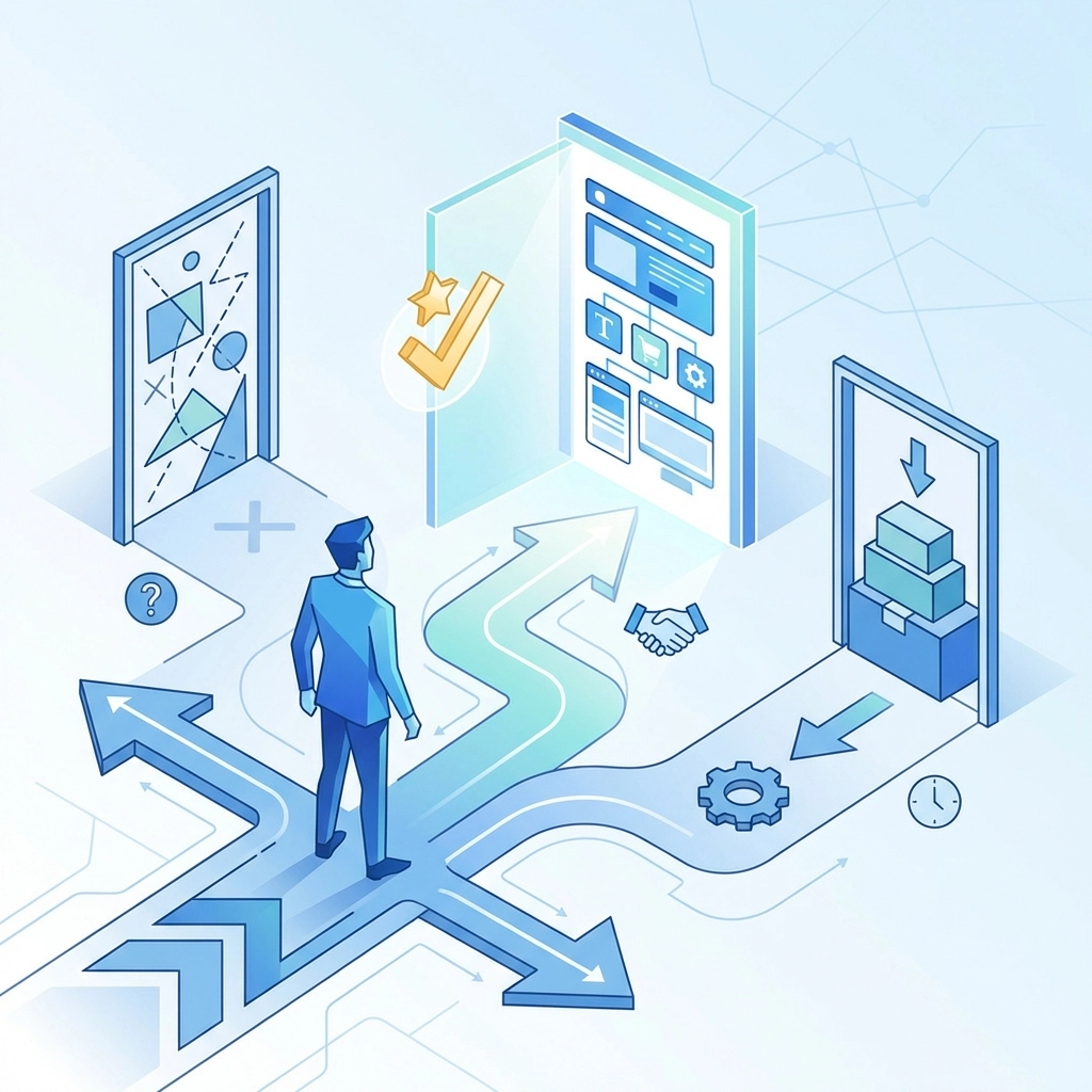 Figure at crossroads choosing web design agency, symbolizing decision-making process