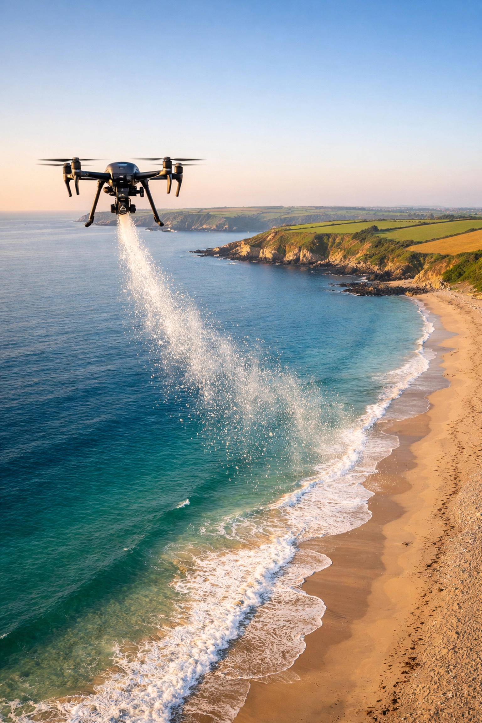 Drone ash scattering ceremony over the scenic coastline of Carne Beach and the Roseland Peninsula in Cornwall.