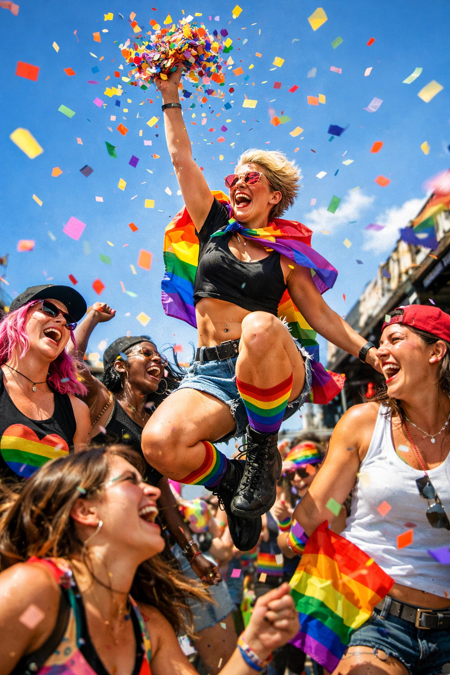 Enthusiastic women celebrating with rainbow confetti at the vibrant Stockholm Pride parade in Sweden.